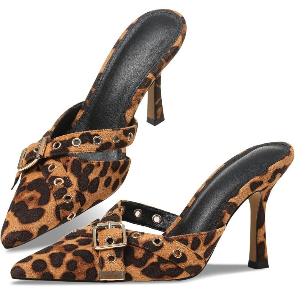 🆕 Leopard Print Women’s Slingback Kitten Heels Studded Closed Toe Low Pumps